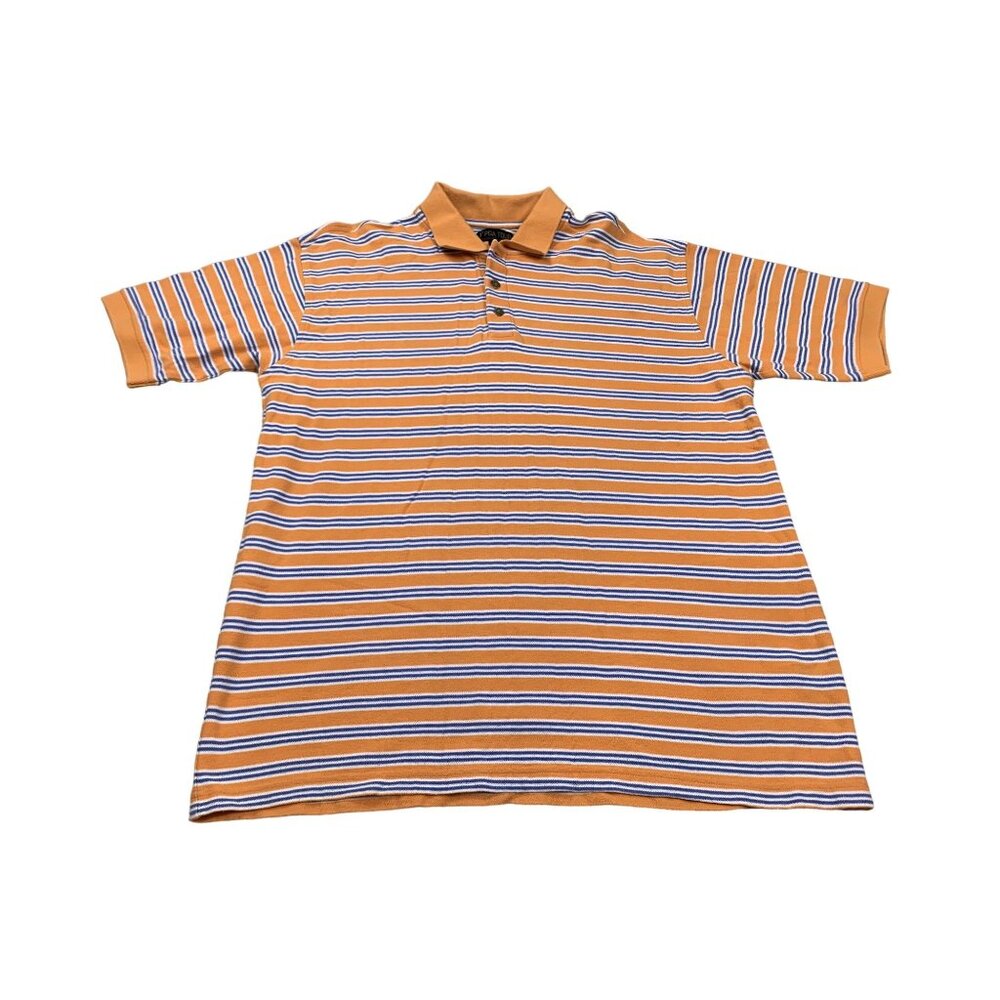 PGA Tour Signature Collection Men's Large Orange Polo Shirt Striped Blue Golf